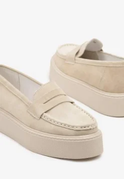 Beżowe Mokasyny Skórzane na Platformie w Stylu Półbutów Sadawene