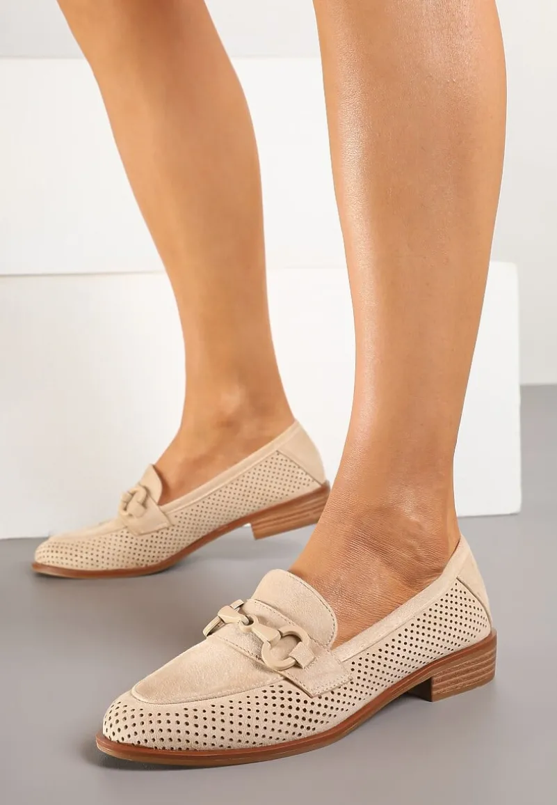 Beżowe Mokasyny Vices z Perforacją z Wkładką ze Skóry Naturalnej Felithria