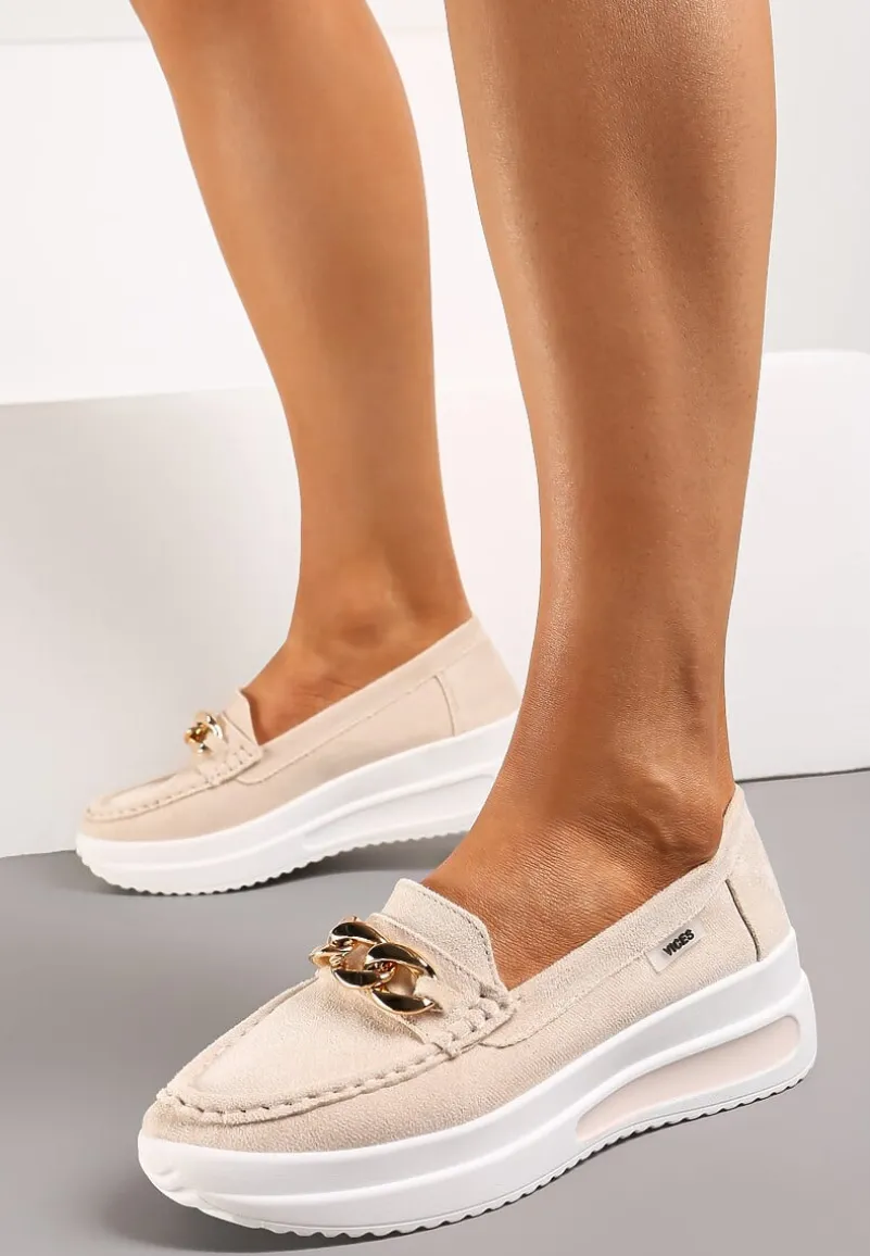 Beżowe Mokasyny z Łańcuszkiem na Wysokiej Platformie Iracana