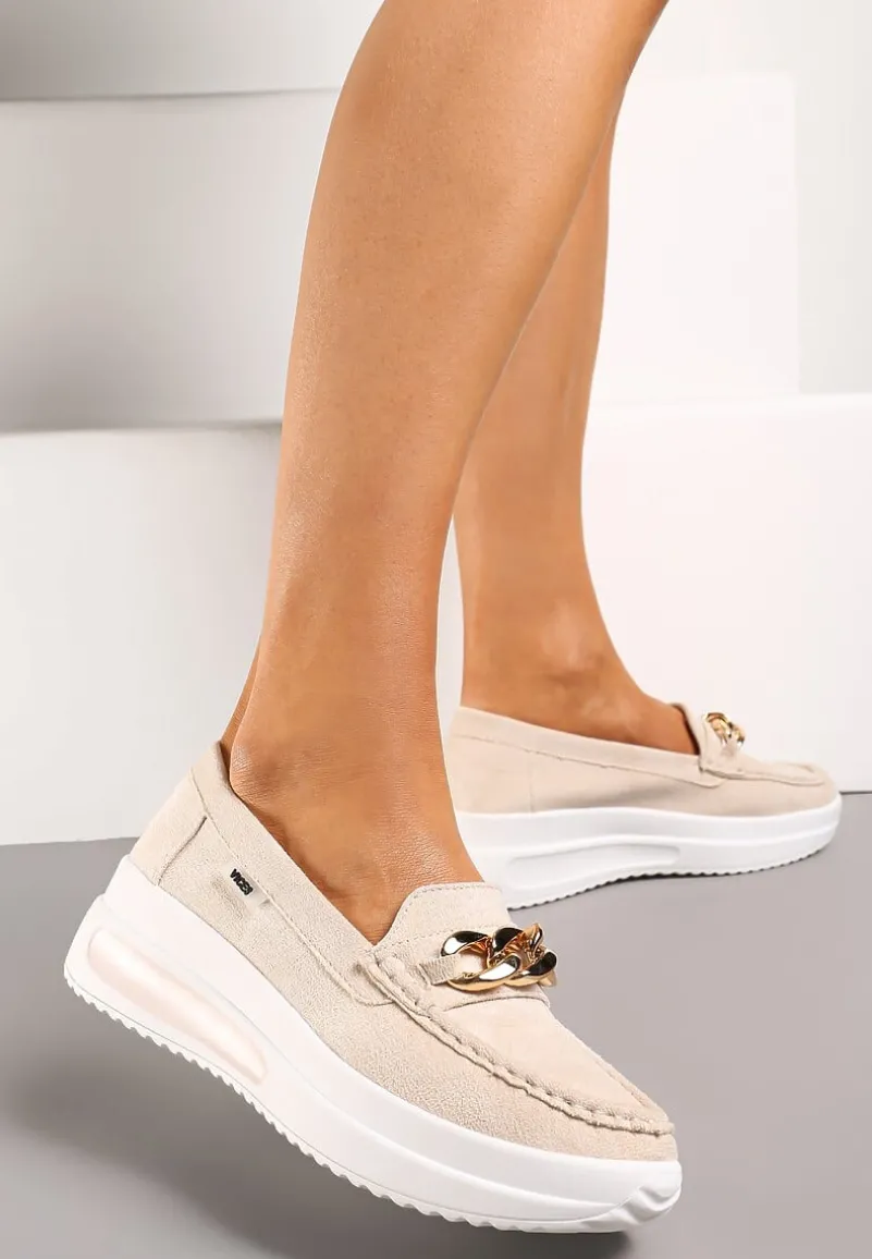 Beżowe Mokasyny z Łańcuszkiem na Wysokiej Platformie Iracana