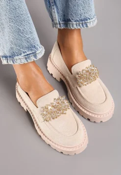 Beżowe Mokasyny z Aplikacją z Biżuteryjnych Koralików Viatalia