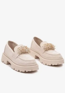 Beżowe Mokasyny z Aplikacją z Biżuteryjnych Koralików Viatalia