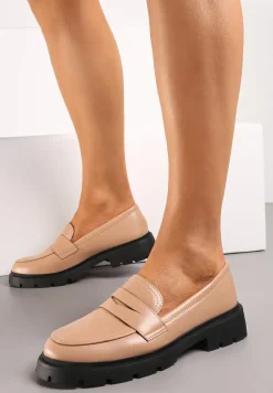 Beżowe Mokasyny z Ekoskóry na Płaskiej Podeszwie Nasabel