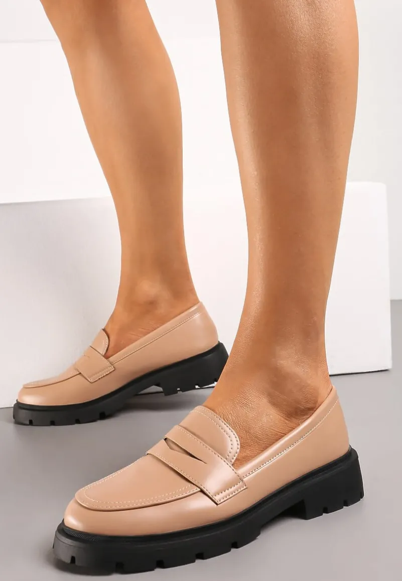 Beżowe Mokasyny z Ekoskóry na Płaskiej Podeszwie Nasabel