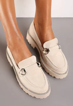 Beżowe Mokasyny z Ekozamszu z Cyrkoniami Wokół Podeszwy i Dekoracyjną Klamrą Corvina