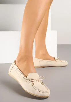 Beżowe Mokasyny z Ekozamszu Zdobione Wiązaniem z Kokardą Sonilora