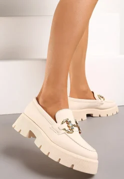 Beżowe Mokasyny z Grubą Podeszwą w Kolorze Cholewki z Klamrą Rosarose