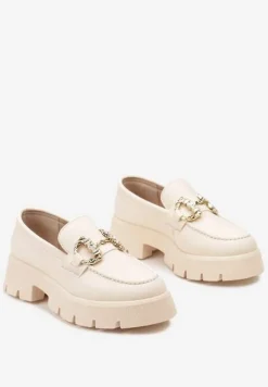 Beżowe Mokasyny z Grubą Podeszwą w Kolorze Cholewki z Klamrą Rosarose
