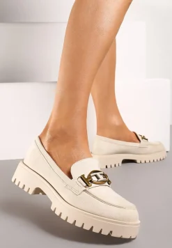 Beżowe Mokasyny z Imitacji Zamszu z Geometryczną Klamerką Echonesa