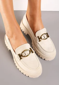 Beżowe Mokasyny z Imitacji Zamszu z Geometryczną Klamerką Echonesa