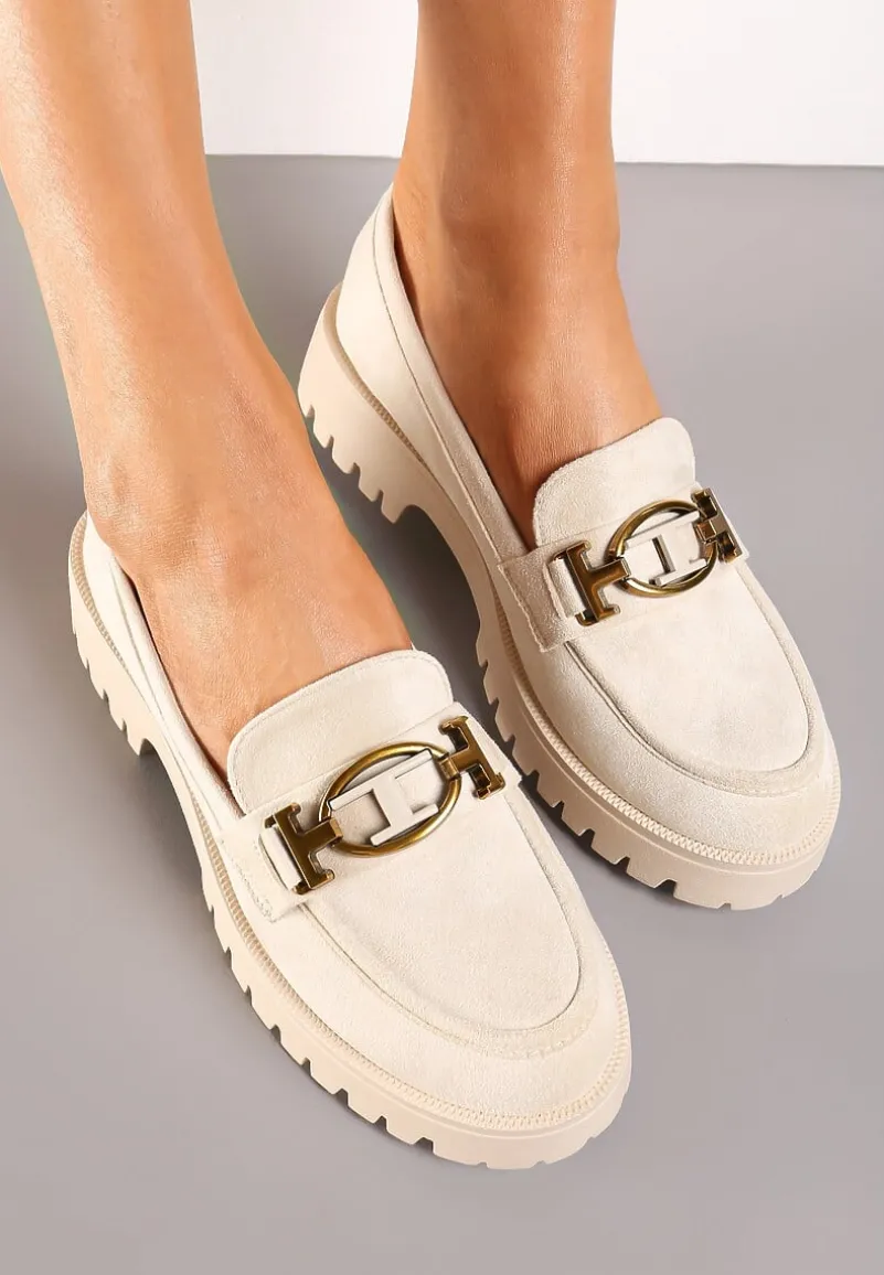 Beżowe Mokasyny z Imitacji Zamszu z Geometryczną Klamerką Echonesa