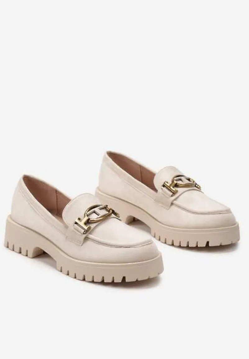 Beżowe Mokasyny z Imitacji Zamszu z Geometryczną Klamerką Echonesa