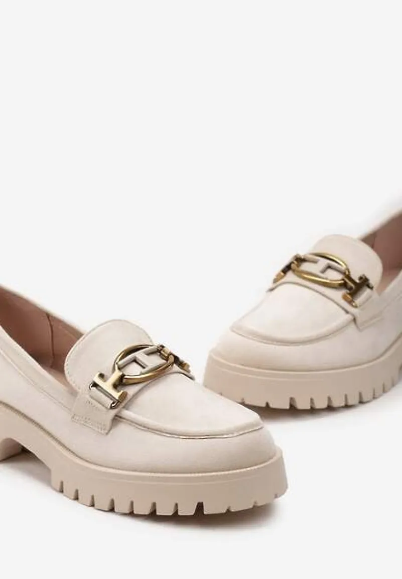 Beżowe Mokasyny z Imitacji Zamszu z Geometryczną Klamerką Echonesa