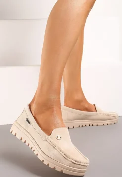 Beżowe Mokasyny z Imitacji Zamszu z Wkładką ze Skóry Naturalnej Tiulla