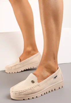 Beżowe Mokasyny z Imitacji Zamszu z Wkładką ze Skóry Naturalnej Tiulla