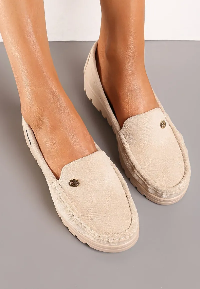 Beżowe Mokasyny z Imitacji Zamszu z Wkładką ze Skóry Naturalnej Tiulla