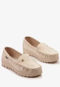 Beżowe Mokasyny z Imitacji Zamszu z Wkładką ze Skóry Naturalnej Tiulla