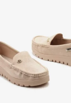 Beżowe Mokasyny z Imitacji Zamszu z Wkładką ze Skóry Naturalnej Tiulla
