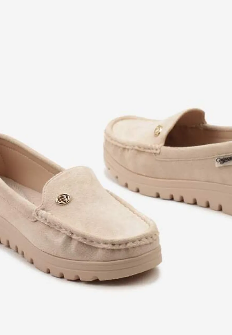 Beżowe Mokasyny z Imitacji Zamszu z Wkładką ze Skóry Naturalnej Tiulla