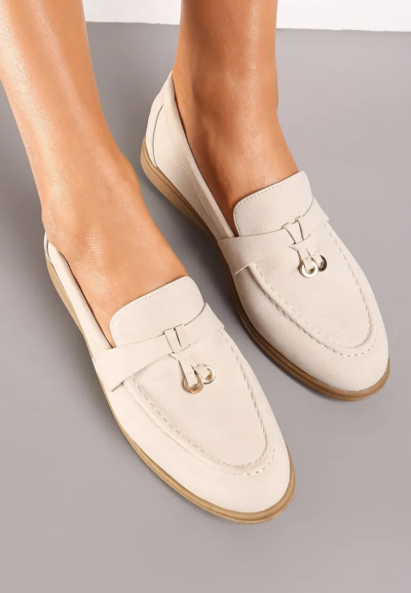 Beżowe Mokasyny z Imitacji Zamszu z Minimalistyczną Zawieszką Rehoda