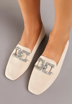 Beżowe Mokasyny z Klamerką w Cyrkonie Bile