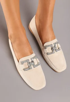 Beżowe Mokasyny z Klamerką w Cyrkonie Bile