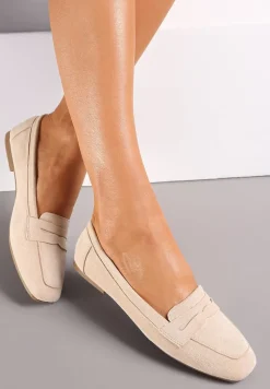Beżowe Mokasyny z Kwadratowym Noskiem z Imitacji Zamszu Lalina
