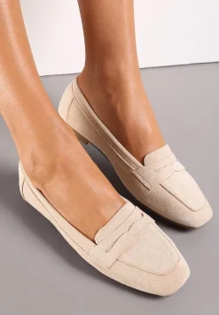 Beżowe Mokasyny z Kwadratowym Noskiem z Imitacji Zamszu Lalina