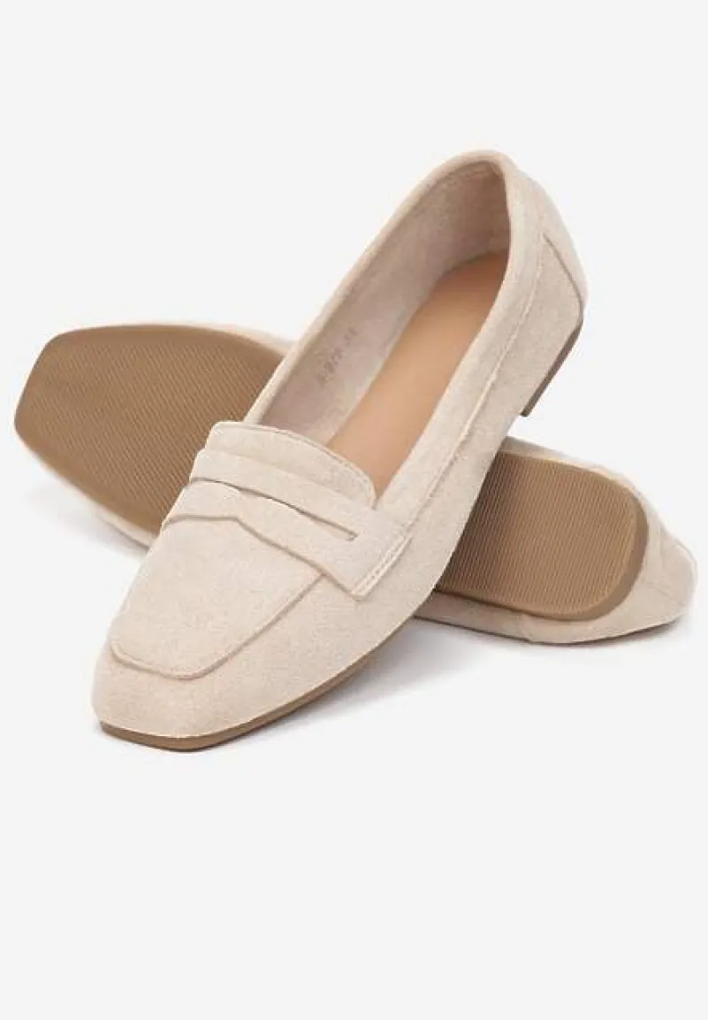 Beżowe Mokasyny z Kwadratowym Noskiem z Imitacji Zamszu Lalina