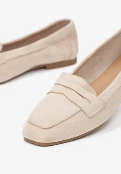 Beżowe Mokasyny z Kwadratowym Noskiem z Imitacji Zamszu Lalina