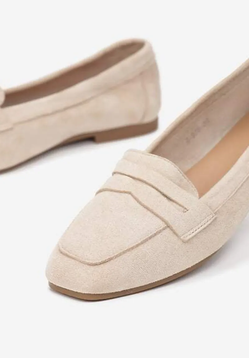 Beżowe Mokasyny z Kwadratowym Noskiem z Imitacji Zamszu Lalina
