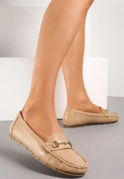 Beżowe Mokasyny z Metaliczną Klamerką Heliantha