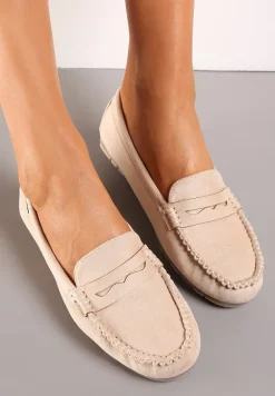 Beżowe Mokasyny z Przeszyciami i Wkładką ze Skóry Naturalnej Isotta