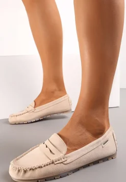 Beżowe Mokasyny z Przeszyciami i Wkładką ze Skóry Naturalnej Isotta