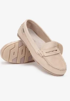 Beżowe Mokasyny z Przeszyciami i Wkładką ze Skóry Naturalnej Isotta