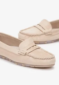 Beżowe Mokasyny z Przeszyciami i Wkładką ze Skóry Naturalnej Isotta