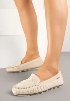 Beżowe Mokasyny z Wkładką ze Skóry Naturalnej i Ozdobnymi Przeszyciami Tereldi