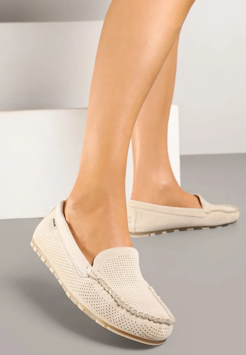 Beżowe Mokasyny z Wkładką ze Skóry Naturalnej i Ozdobnymi Przeszyciami Tereldi