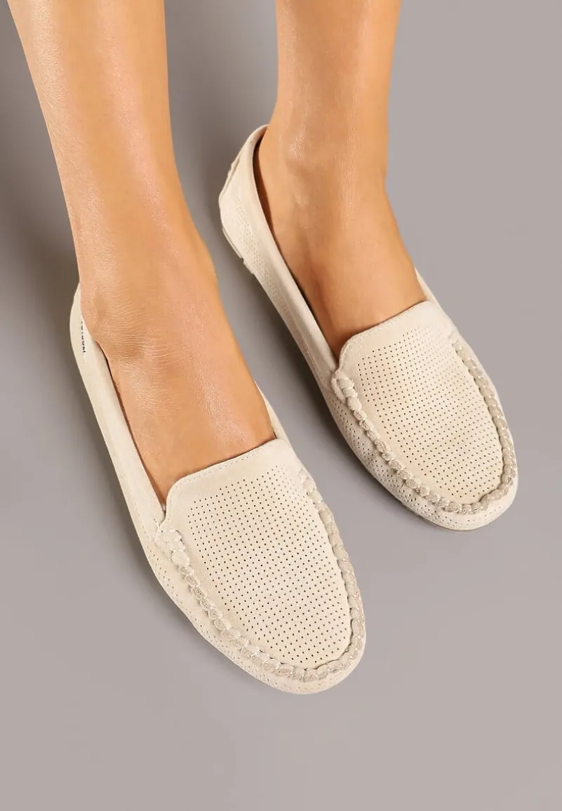 Beżowe Mokasyny z Wkładką ze Skóry Naturalnej i Ozdobnymi Przeszyciami Tereldi