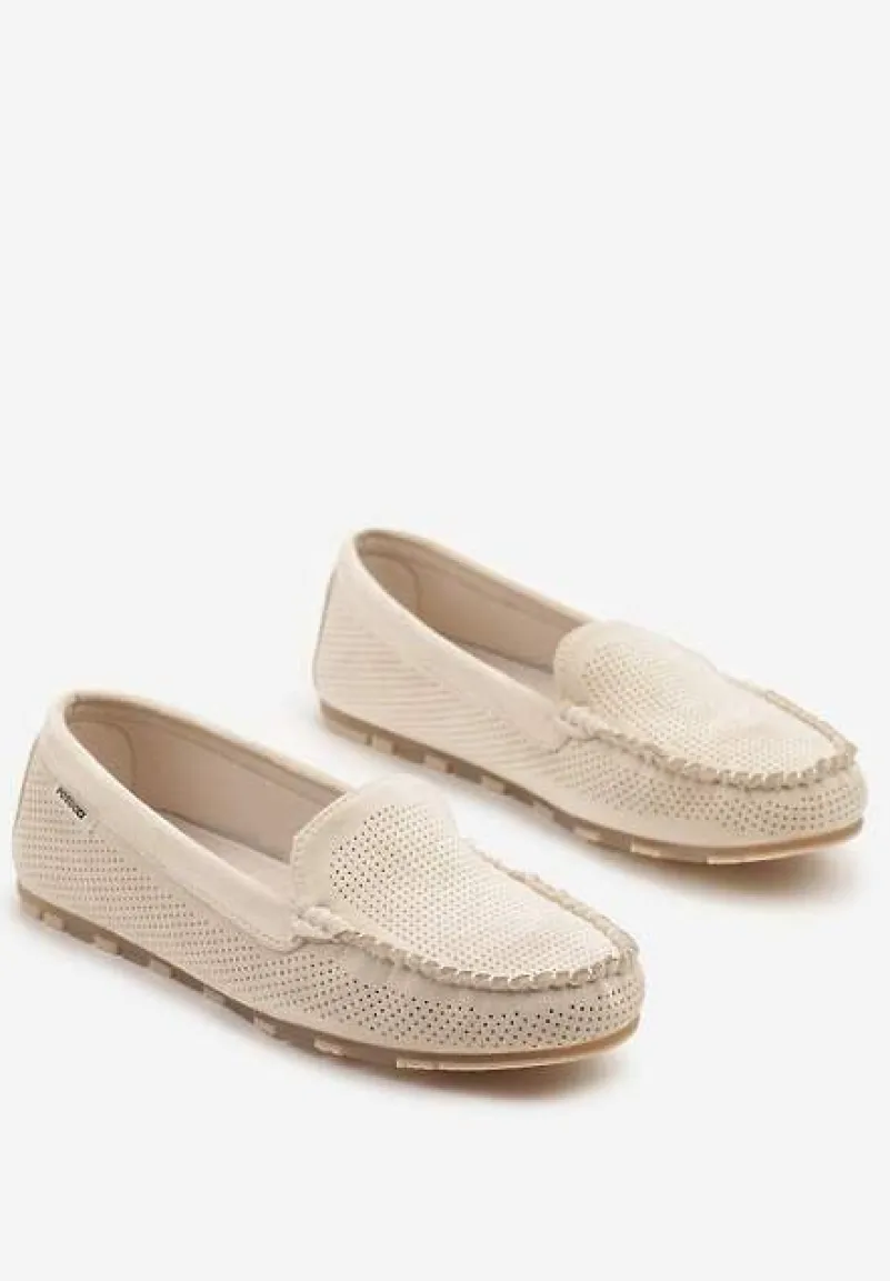 Beżowe Mokasyny z Wkładką ze Skóry Naturalnej i Ozdobnymi Przeszyciami Tereldi