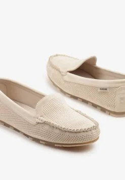 Beżowe Mokasyny z Wkładką ze Skóry Naturalnej i Ozdobnymi Przeszyciami Tereldi