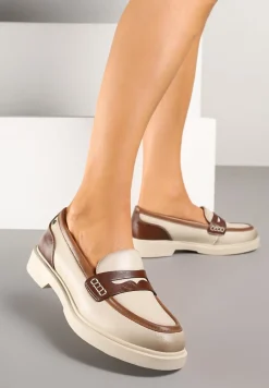 Beżowe Mokasyny ze Skóry Naturalnej Ozdobione Paskiem Halathiel