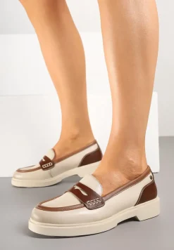 Beżowe Mokasyny ze Skóry Naturalnej Ozdobione Paskiem Halathiel
