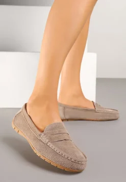 Beżowe Mokasyny ze Skóry Naturalnej Zdobione Perforacją Revaya