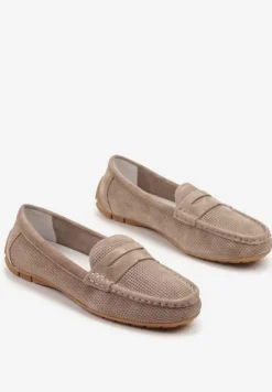 Beżowe Mokasyny ze Skóry Naturalnej Zdobione Perforacją Revaya