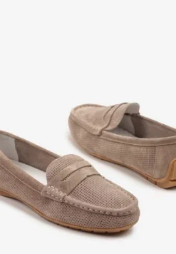 Beżowe Mokasyny ze Skóry Naturalnej Zdobione Perforacją Revaya