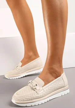 Beżowe Mokasyny ze Skórzaną Wkładką Perforacją i Klamrą Gamiara