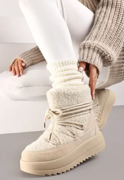 Beżowe Niezapinane Śniegowce na Niskiej Platformie z Futerkiem i Sznurowaniem Avalisande