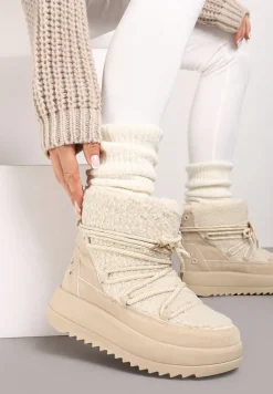 Beżowe Niezapinane Śniegowce na Niskiej Platformie z Futerkiem i Sznurowaniem Avalisande