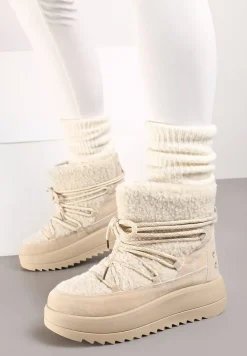 Beżowe Niezapinane Śniegowce na Niskiej Platformie z Futerkiem i Sznurowaniem Avalisande